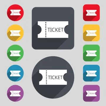 Ticket icon sign. A set of 12 colored buttons and a long shadow イラスト素材