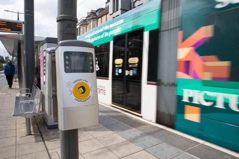 Ticket machine outside on platform to public transport trams light rail Stock Photos