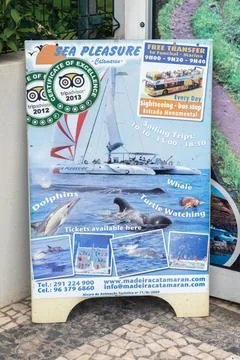 Ticket office with information panel about whale excursions near Madeira Stock Photos