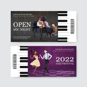 Ticket template with jazz music concept,watercolor style.... Stock Illustration