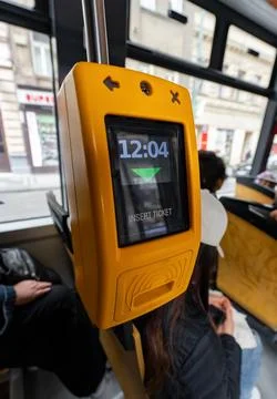 Ticket Validation Machine Inside European Public Transport. Stock Photos