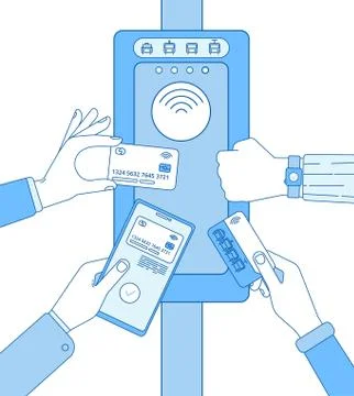 Ticket validation. Rfid subway tickets cards on smartphone hand. Turnstile Stock Illustration