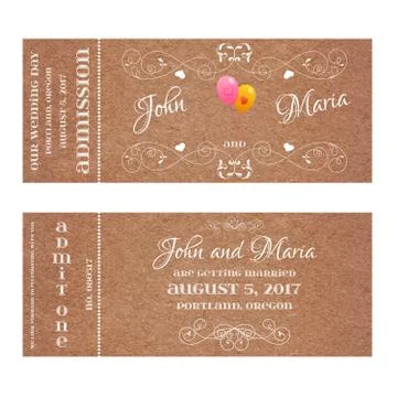 Ticket for Wedding Invitation with air balloon Stock Illustration