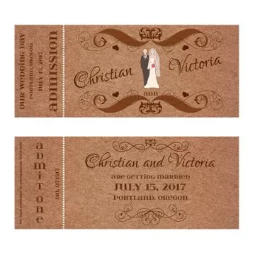 Ticket for Wedding Invitation with bride and groom pastel silhouettes Stock Illustration