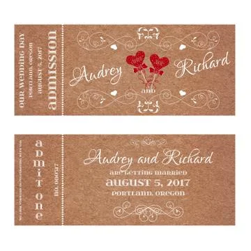 Ticket for Wedding Invitation with hearts MR and MRS on a stick Stock Illustration