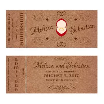 Ticket for Wedding Invitation with wedding golden ring in a red box Stock Illustration