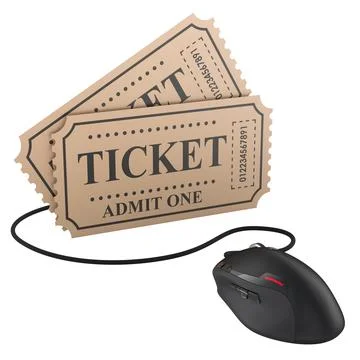 Tickets with computer mouse. Online ticket booking, concept. 3D rendering Stockillustratie