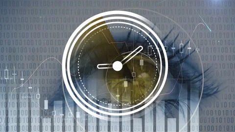 Ticking clock and statistical data processing over close up of a human eye and 스톡 동영상 327586029
