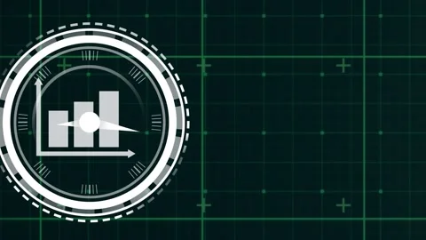 Ticking digital clock over bar graph against grid network on green background Stock Footage 328518428