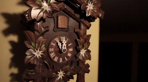 Ticking Wood Cuckoo Clock eleven O'Clock Chime Bird Stock Footage