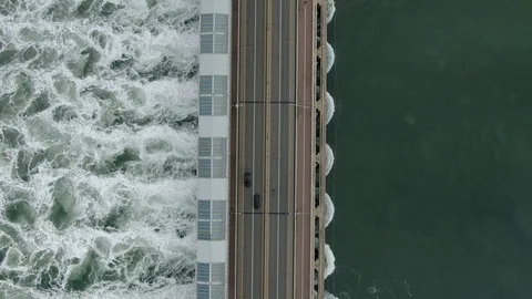 A tidal power plant that looks down from the sky. Stock Footage