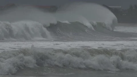 Tidal Wave, Big Giant Waves, Strong Tides on Beach Wind Storm Slow Motion Stock Footage 158754186
