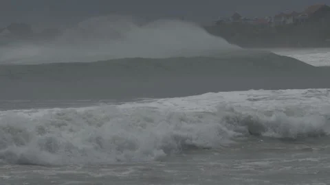 Tidal Wave, Big Giant Waves, Strong Tides on Beach Wind Storm Slow Motion Stock Footage