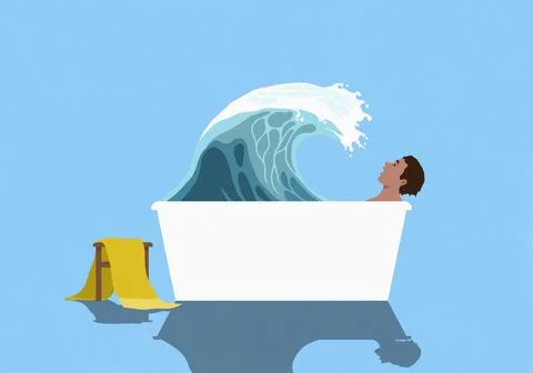 Tidal wave rising over man in bathtub with eyes closed against blue background Stock Illustration