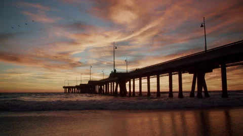Tide Coming In As Sun Sets At Venice Beach Pier 4K 48FPS SLO-MO Stock Footage 223446375