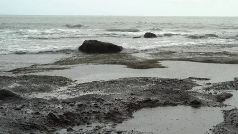 A tide pool in the rian with waves in the background Video stock 74301445