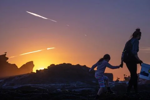 Tide pooling at sunset in Half Moon Bay California Stock Photos