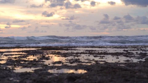 Tide Pools reflect the light of a sunset over the waves of Canggu, Bali. Video stock 74290433