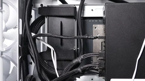Tidy cable management and modular connections inside white PC case with ins.. Stock Footage 305673215