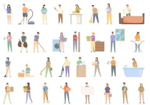 Tidy up icons set cartoon vector. Furniture room Stock Illustration