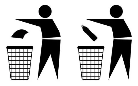 Tidy, stick man throws garbage into trash bin. Keeping order reminder. Waste Stock Illustration