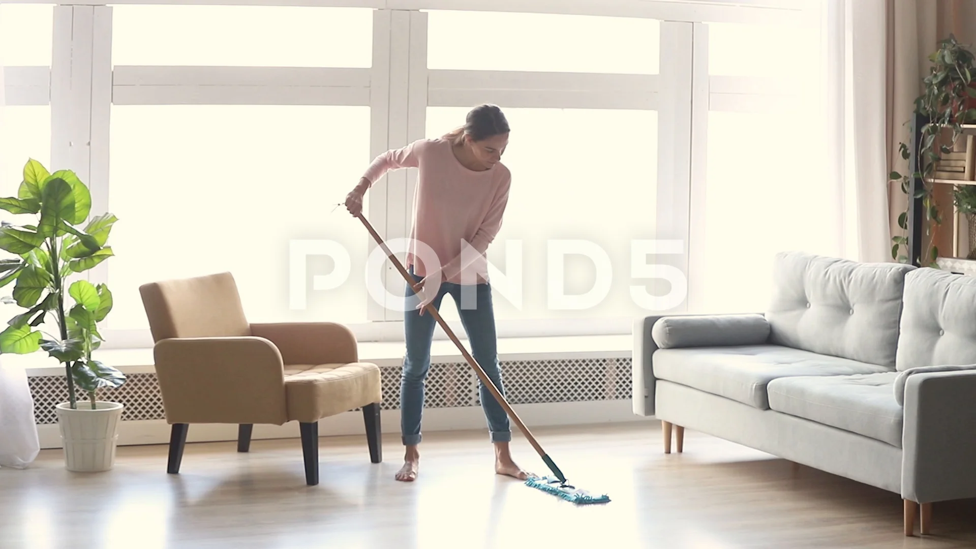 Housewife Pouring Floor Cleaning Liquid Stock Photo - Image of