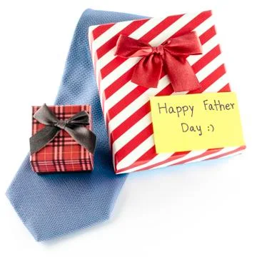 Tie and two gift boxes with card tag write happy father day word 스톡 사진