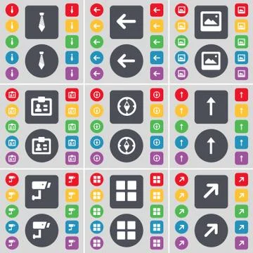 Tie, Arrow left, Window, Contact, Compass, Arrow up, CCTV, Apps, Full screen ico Stock Illustration