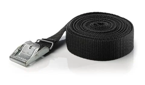 Tie Down Strap Black nylon cam lock tie down strap isolated on white with ... Stock Photos