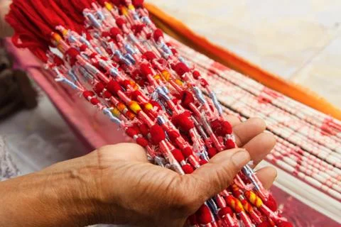 Tie dye technique of threads before weaving clothes at asian textile handmade Stock Photos