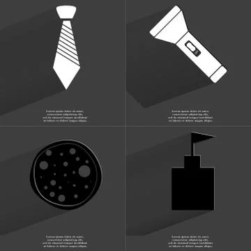 Tie, Flashlight, Pizza, Flag tower icon sign. Set of Symbols with Flat design Stock Illustration