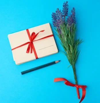 Tied red silk ribbon rectangular vintage greeting card, blue background Stock Photos