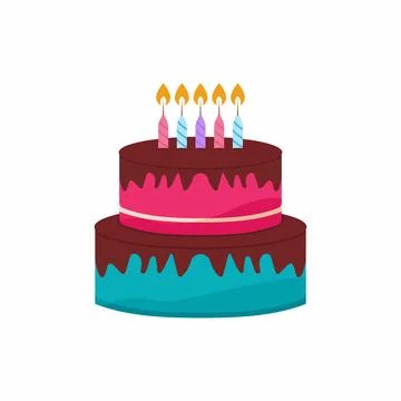 Tiered birthday cake vector with chocolate and lit candles. Cake or Bakery .. Stock Illustration