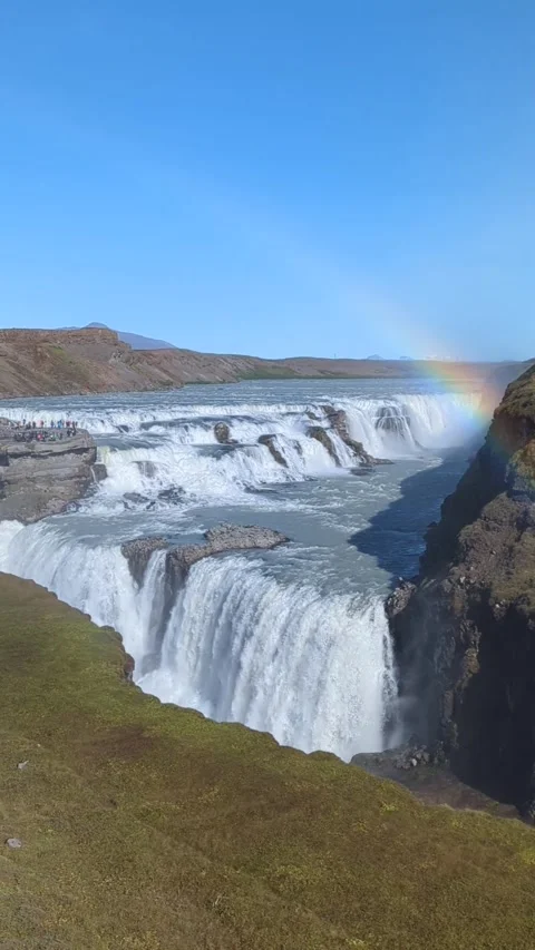 Tiered Gullfoss waterfall creating its own rainbow, Iceland. Stock Footage 255915438