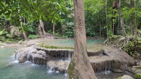 Tiered Waterfall Pool And Tree Trunk At Erawan National Park Thailand Vídeos de archivo 339078073