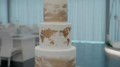 Tiered wedding cake with a world map design in gold and white tones Vidéo 289235946