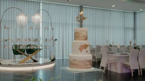 Tiered wedding cake with a world map design and globe topper in an elegant Vidéo 289534913