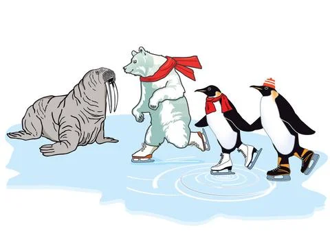 Tierisch Eislaufen.jpg Eisbär, Pinguin und Walross laufen Schlittschuh Cop.. Stock Photos