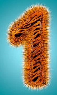 Tiger 3D rendering hebrew alphabet and number of funny fur font isolated on blue Stock Illustration