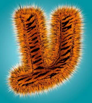 Tiger 3D rendering hebrew alphabet and number of funny fur font isolated on blue Stock Illustration
