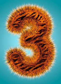 Tiger 3D rendering hebrew alphabet and number of funny fur font isolated on blue Illustrazione stock