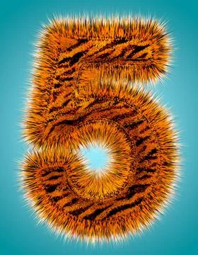 Tiger 3D rendering hebrew alphabet and number of funny fur font isolated on blue Stock Illustration