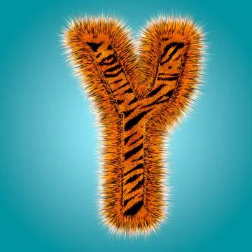 Tiger 3D rendering hebrew alphabet and number of funny fur font isolated on blue Stock Illustration