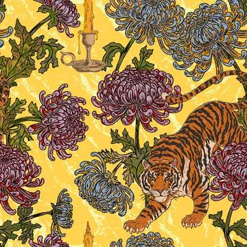 Tiger and chrysanthemum floral pattern with exotic botanical foliage candle m イラスト素材