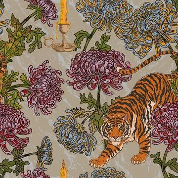 Tiger and chrysanthemum floral pattern with exotic botanical foliage candle m Stock Illustration