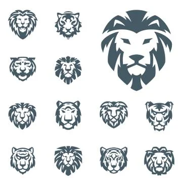 Tiger and lions vector head face silhouette badge strength predator power Stock Illustration