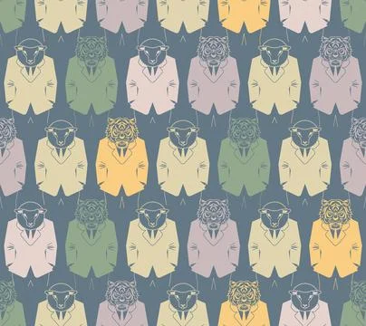 Tiger and sheep businessman pattern seamless. leopard Tiger and ram in busi.. Stock Illustration