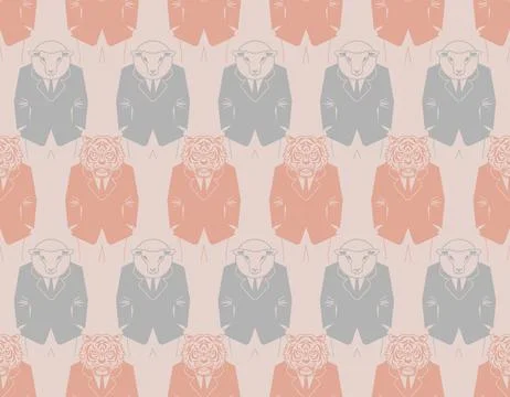 Tiger and sheep businessman pattern seamless. leopard Tiger and ram in busi.. 스톡 일러스트