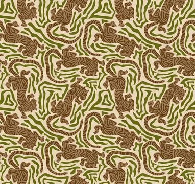 Tiger animal seamless pattern on beige background Illustrazione stock