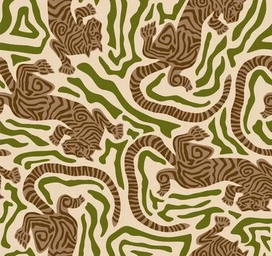 Tiger Art Seamless Pattern On Beige background Wallpaper illustration Vecto.. 스톡 일러스트